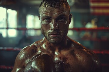 Fototapeta na wymiar A focused, muscular boxer drenched in sweat prepares for a fight inside a dimly lit boxing ring, exuding determination
