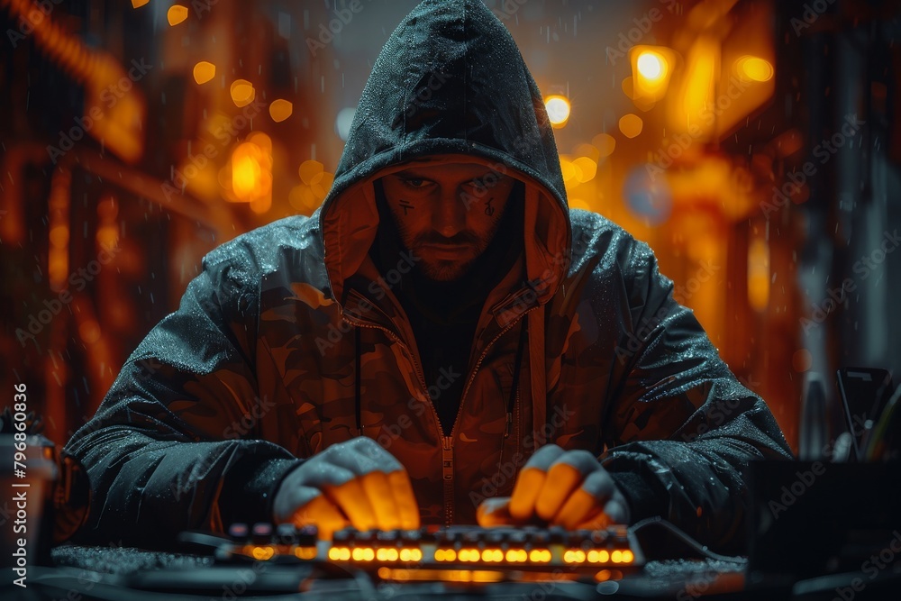Poster an anonymous hacker in a hood focuses intently on typing, illuminated by the glow of computer screen