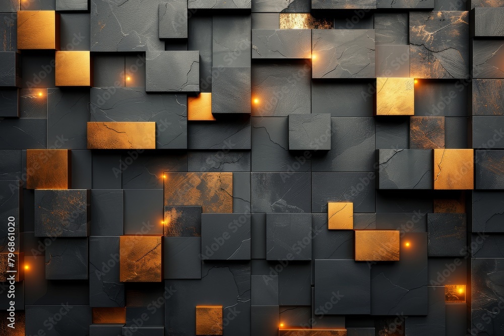 Poster a modern composition of artistic black tiles illuminated with golden lights creating an alluring atm