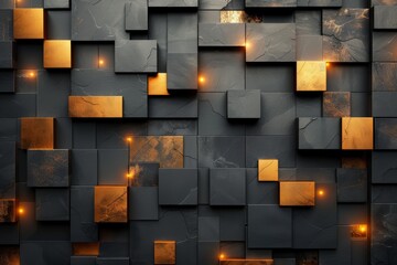 A modern composition of artistic black tiles illuminated with golden lights creating an alluring...