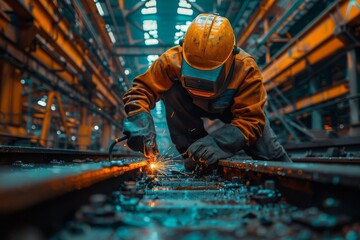 Focusing on detail, a welder is captured performing delicate metalwork in the heart of an industrial complex