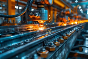 Advanced machinery precisely cuts through metal with sparks, signifying modern industrial manufacturing processes