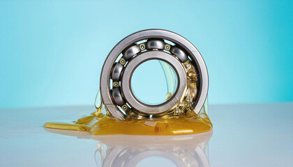 Power transmission bearing, in lubrication oil drip,  background; transmission maintenance and industry business