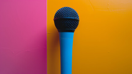 Blue microphone against a pink and yellow background. - obrazy, fototapety, plakaty