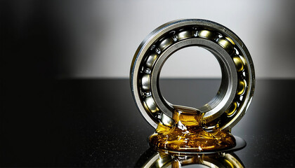 Power transmission bearing, in lubrication oil drip,  background; transmission maintenance and industry business