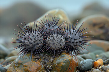 A cluster of sea urchins on a rocky shore, their spines a deterrent for most predators,