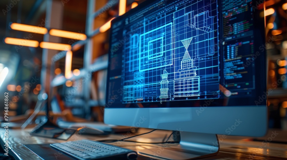 Poster grid lines: an image of a computer monitor displaying a 3d modeling software with grid lines