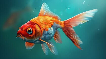 An illustration of a beautiful goldfish with vibrant orange and white scales, swimming gracefully in a crystal clear water.