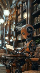 Naklejka premium Immerse viewers in a Victorian library scene with a sentient robot reading Shakespeare under a flickering gas lamp, blending AI marvels with timeless charm