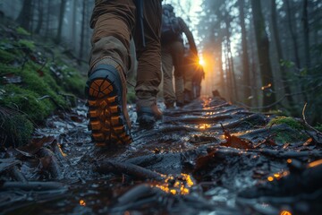 Hiking enthusiasts make their way along a wet, muddy path in the forest at sunrise, showcasing nature's raw beauty - obrazy, fototapety, plakaty