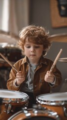 Imagine an adorable drummer showcasing their skills, with a plain backdrop that allows for plenty of copy space for musicrelated elements 8K , high-resolution, ultra HD,up32K HD