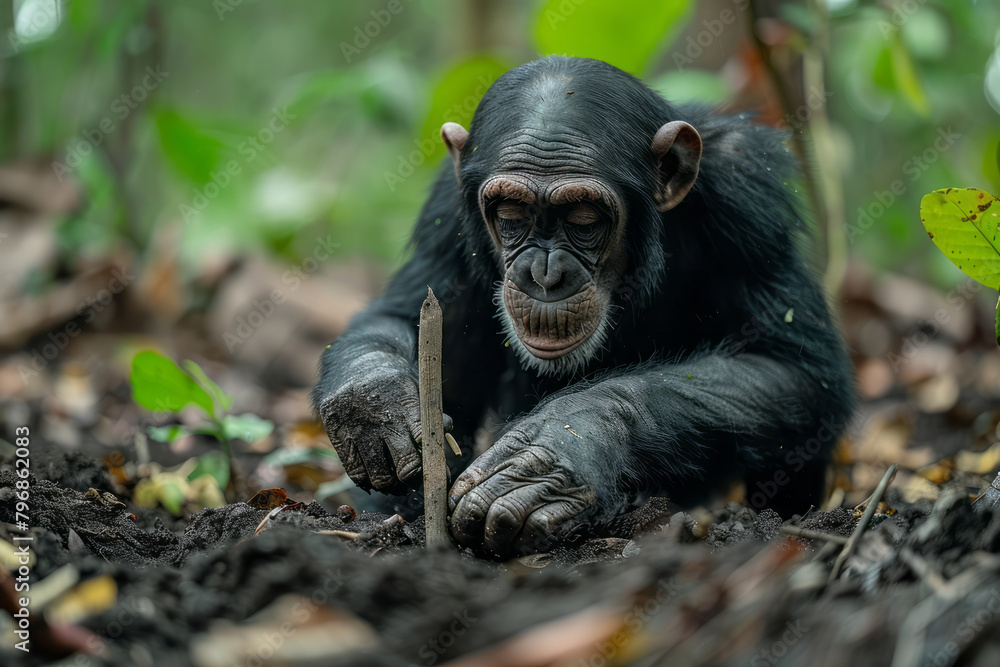 Poster a chimpanzee using a stick to extract termites from a mound, a skill observed and mimicked by its pe