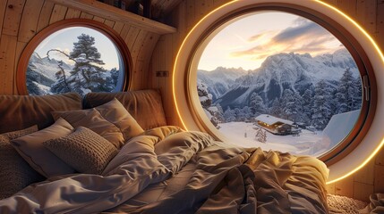 a bed with a view of a snowy mountain through two round windows