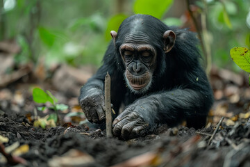 A chimpanzee using a stick to extract termites from a mound, a skill observed and mimicked by its peers,
