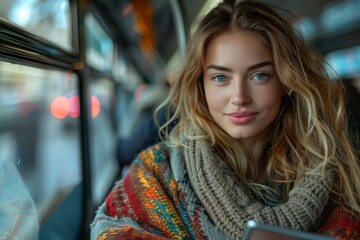 Attractive young woman with a warm scarf and glasses using her smartphone on a city bus