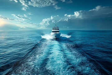 The image captures a luxury yacht making its way across a serene blue ocean, reflecting leisure, freedom, and adventure on high seas - obrazy, fototapety, plakaty