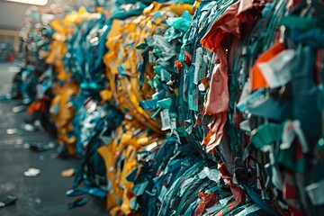 Compacted Recycled Bundles at Recycling Facility: Streamlining Disposal and Processing. Concept Recycling Facility Efficiency, Waste Management Solutions, Sustainable Practices