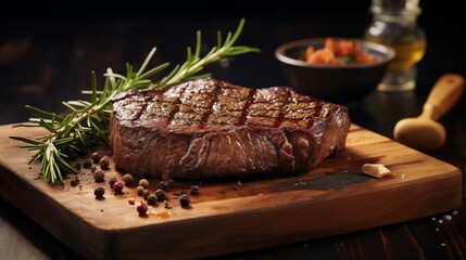 Grilled medium rib eye steak with rosemary and pepper.