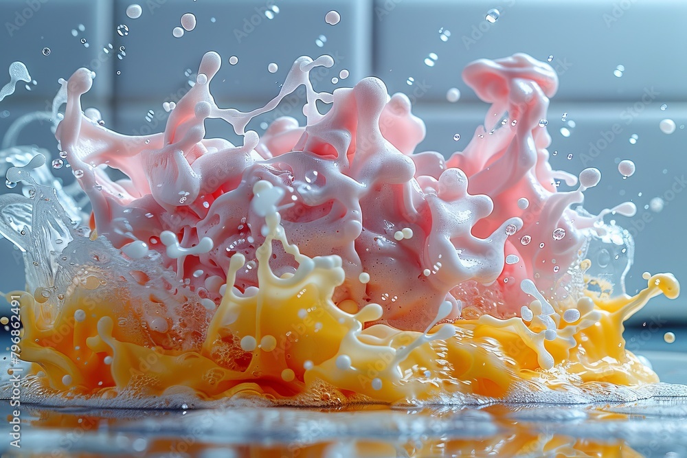 Poster a vibrant and dynamic image capturing various colorful liquid splashes against a plain white backdro