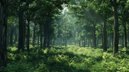 The lush green forest is a beautiful sight to behold. The sun rays filter through the dense foliage, creating a magical atmosphere.