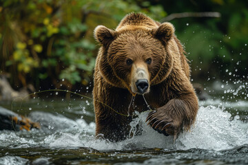 Obraz premium A brown bear pawing at a stream, fishing for salmon amidst flowing waters surrounded by dense forest foliage,