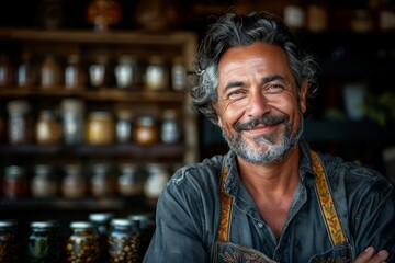 Obraz premium An atmospheric portrait of a smiling, bearded mature man in a shop with shelves of spice jars