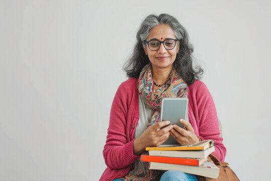 senior woman sitting on white background holding smartphone and books in hand