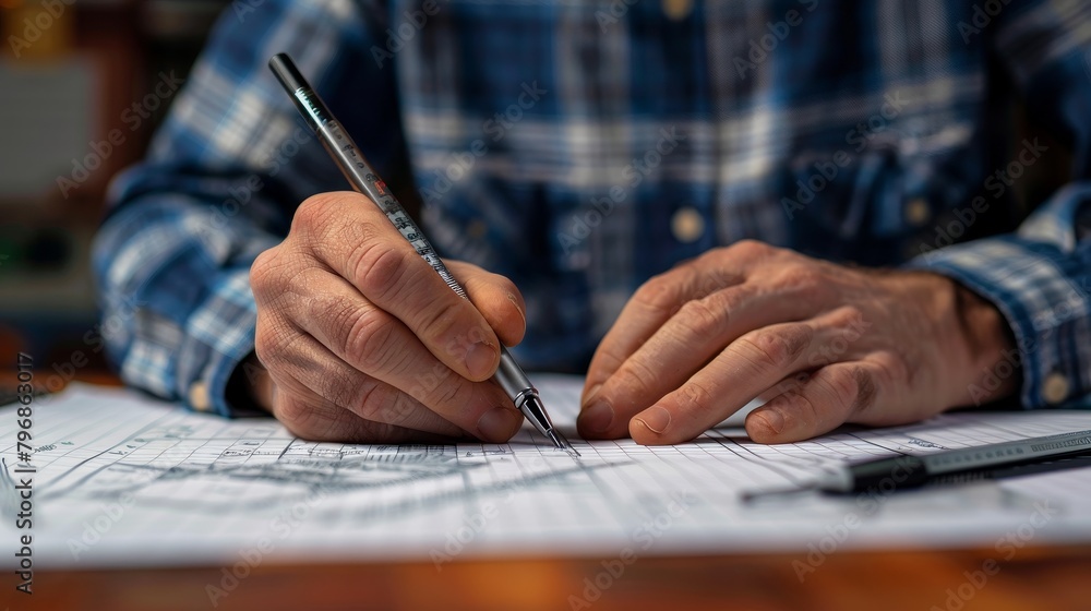 Poster grid system: an image depicting a designer sketching a layout grid on paper