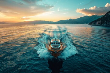 The silhouette of a speedboat racing in serene water as dusk brings a calming atmosphere to the scene - obrazy, fototapety, plakaty