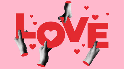 Love concept. Modern collage with halftone hands and Love inscription. Hands holding word LOVE. Valentines day banner. Retro newspaper cut out paper elements. Torn paper. Y2K style