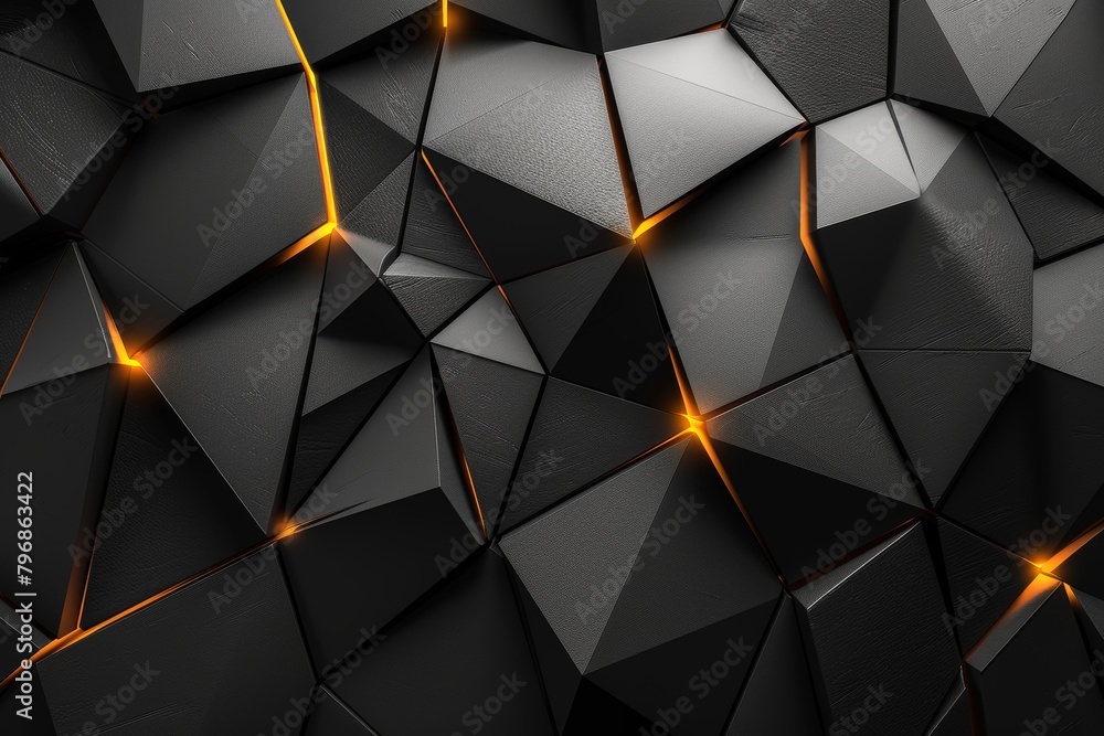 Poster the image showcases a sharp geometric pattern of black panels outlined with vibrant orange, depictin