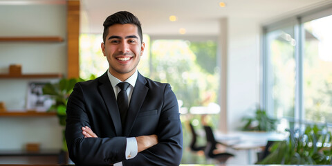 Fototapeta premium A Latin businessman, smiling and self-confident, exudes positive energy and a determined approach to work. His elegant appearance and confident demeanor suggest that he is a leader.