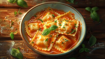 See a detailed illustration of a classic Italian dish ravioli pasta, presented with a savory sauce, and complemented by aromatic herbs 8K , high-resolution, ultra HD,up32K HD