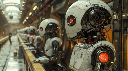 Fototapeta premium Explore a surrealistic world of robotic beings from an eye-level angle, showcasing intricate metallic details contrasted with dream-like settings and lighting Invite viewers to witness machinery in a