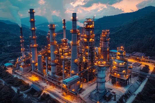 An impressive industrial complex nestled in a valley, bridging the gap between nature and technology