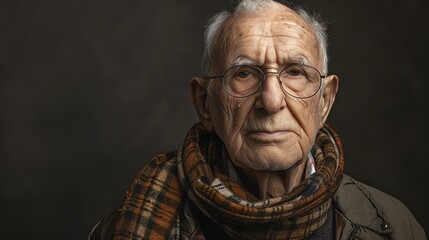 Thoughtful senior man wearing glasses and a scarf looking at the camera with a serious expression.