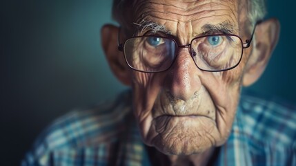 Close-up portrait of an elderly man with glasses looking at the camera with a serious expression.