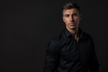 Handsome man in black shirt posing in studio.
