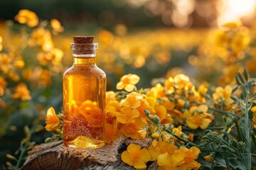 The golden essence bottle sits on a stump surrounded by vibrant yellow flowers, capturing the essence of nature and natural beauty in golden hour sunlight