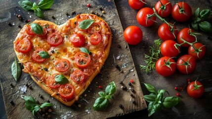 A heart-shaped pizza with tomatoes and basil on top