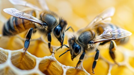 Naklejka premium Two bees are on a yellow surface