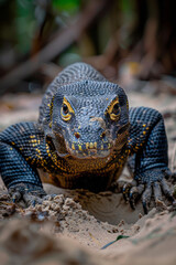 A monitor lizard digging in the sand, searching for eggs or small animals to eat,