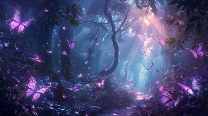 A forest with many butterflies flying around