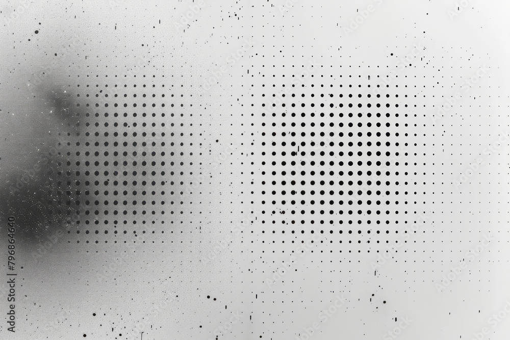 Poster a minimalist pattern of black dots arranged in a precise square grid on a white background,