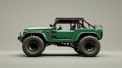 Green off-road vehicle with large tires and a roll cage.