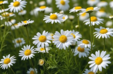 Fototapeta premium Wild daisy flowers growing on meadow, white chamomiles on green grass background. Oxeye daisy, Leucanthemum vulgare, Daisies, Dox-eye, Common daisy, Dog daisy, Gardening concept.