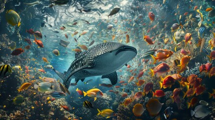 Fototapeta premium A surreal underwater shot of a whale shark gliding gracefully through a school of colorful fish, showcasing the diversity of marine ecosystems.