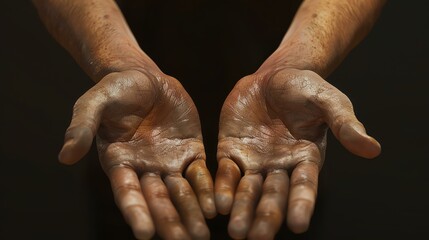 A pair of rough, dirty hands with the palms facing upwards. The hands are illuminated by a spotlight against a dark background.