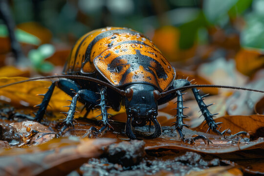 A Madagascar hissing cockroach crawling over fallen leaves in the dense rainforest,