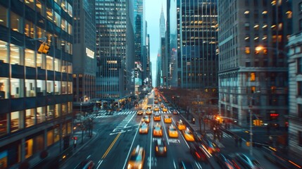 A time-lapse image of traffic flowing through the streets of a bustling city, framed by towering skyscrapers on either side.